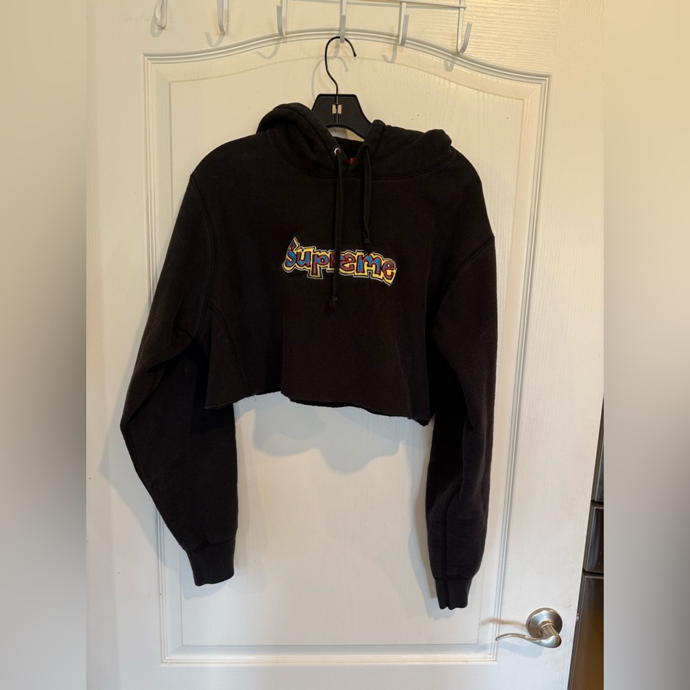 Supreme black Hoodie that has been cropped. Size large